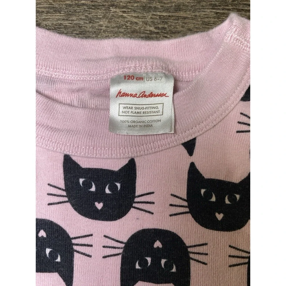 Hanna Andersson Pajama Set US 6 7 Pink Black Cat Long Sleeve Pants Halloween